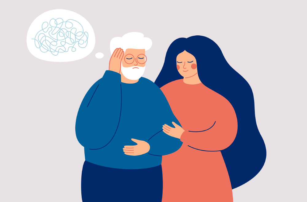 Adult daughter comforting her father while he shows signs of memory confusion